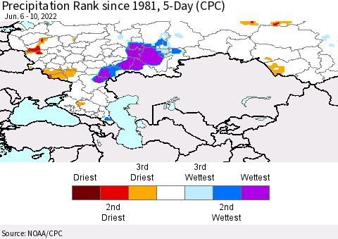 Russian Federation Precipitation Rank since 1981, 5-Day (CPC) Thematic Map For 6/6/2022 - 6/10/2022
