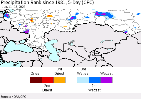 Russian Federation Precipitation Rank since 1981, 5-Day (CPC) Thematic Map For 6/11/2022 - 6/15/2022