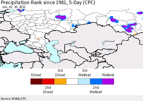 Russian Federation Precipitation Rank since 1981, 5-Day (CPC) Thematic Map For 6/16/2022 - 6/20/2022