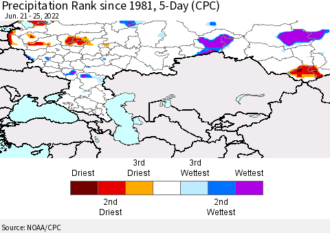 Russian Federation Precipitation Rank since 1981, 5-Day (CPC) Thematic Map For 6/21/2022 - 6/25/2022