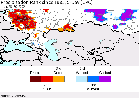 Russian Federation Precipitation Rank since 1981, 5-Day (CPC) Thematic Map For 6/26/2022 - 6/30/2022