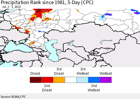 Russian Federation Precipitation Rank since 1981, 5-Day (CPC) Thematic Map For 7/1/2022 - 7/5/2022