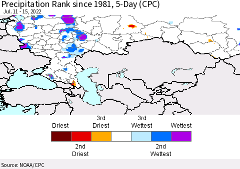 Russian Federation Precipitation Rank since 1981, 5-Day (CPC) Thematic Map For 7/11/2022 - 7/15/2022