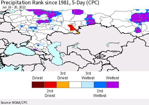 Russian Federation Precipitation Rank since 1981, 5-Day (CPC) Thematic Map For 7/16/2022 - 7/20/2022