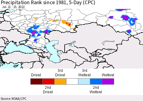 Russian Federation Precipitation Rank since 1981, 5-Day (CPC) Thematic Map For 7/21/2022 - 7/25/2022