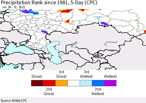 Russian Federation Precipitation Rank since 1981, 5-Day (CPC) Thematic Map For 7/26/2022 - 7/31/2022