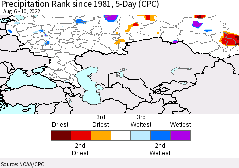 Russian Federation Precipitation Rank since 1981, 5-Day (CPC) Thematic Map For 8/6/2022 - 8/10/2022