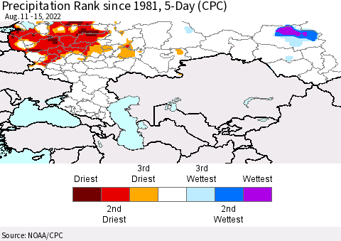 Russian Federation Precipitation Rank since 1981, 5-Day (CPC) Thematic Map For 8/11/2022 - 8/15/2022