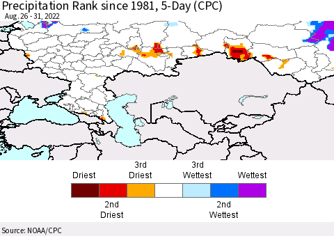 Russian Federation Precipitation Rank since 1981, 5-Day (CPC) Thematic Map For 8/26/2022 - 8/31/2022