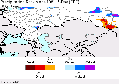 Russian Federation Precipitation Rank since 1981, 5-Day (CPC) Thematic Map For 9/1/2022 - 9/5/2022