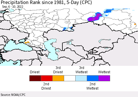 Russian Federation Precipitation Rank since 1981, 5-Day (CPC) Thematic Map For 9/6/2022 - 9/10/2022
