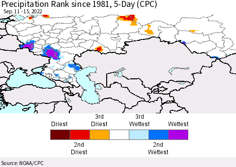 Russian Federation Precipitation Rank since 1981, 5-Day (CPC) Thematic Map For 9/11/2022 - 9/15/2022