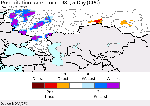Russian Federation Precipitation Rank since 1981, 5-Day (CPC) Thematic Map For 9/16/2022 - 9/20/2022