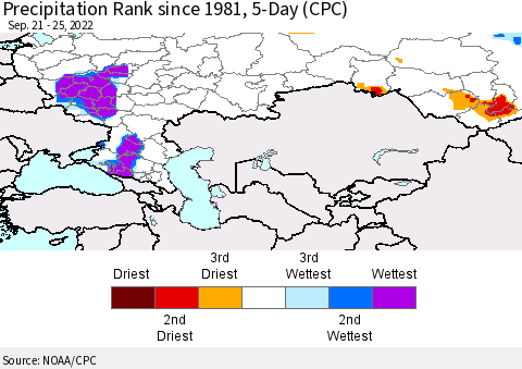 Russian Federation Precipitation Rank since 1981, 5-Day (CPC) Thematic Map For 9/21/2022 - 9/25/2022