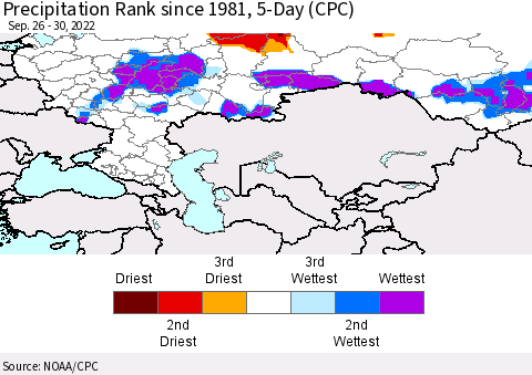 Russian Federation Precipitation Rank since 1981, 5-Day (CPC) Thematic Map For 9/26/2022 - 9/30/2022