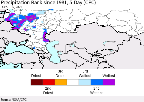 Russian Federation Precipitation Rank since 1981, 5-Day (CPC) Thematic Map For 10/1/2022 - 10/5/2022