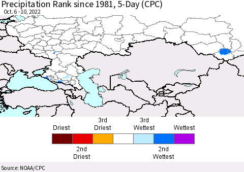 Russian Federation Precipitation Rank since 1981, 5-Day (CPC) Thematic Map For 10/6/2022 - 10/10/2022