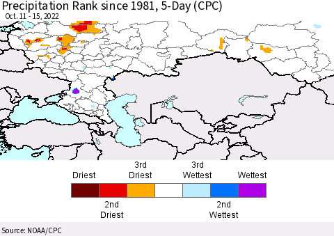 Russian Federation Precipitation Rank since 1981, 5-Day (CPC) Thematic Map For 10/11/2022 - 10/15/2022