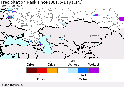 Russian Federation Precipitation Rank since 1981, 5-Day (CPC) Thematic Map For 10/16/2022 - 10/20/2022