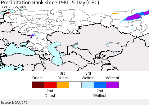 Russian Federation Precipitation Rank since 1981, 5-Day (CPC) Thematic Map For 10/21/2022 - 10/25/2022