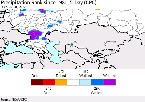 Russian Federation Precipitation Rank since 1981, 5-Day (CPC) Thematic Map For 10/26/2022 - 10/31/2022