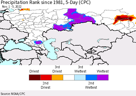 Russian Federation Precipitation Rank since 1981, 5-Day (CPC) Thematic Map For 11/1/2022 - 11/5/2022