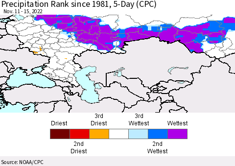 Russian Federation Precipitation Rank since 1981, 5-Day (CPC) Thematic Map For 11/11/2022 - 11/15/2022