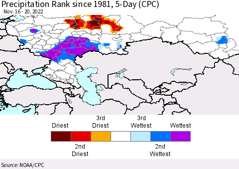 Russian Federation Precipitation Rank since 1981, 5-Day (CPC) Thematic Map For 11/16/2022 - 11/20/2022