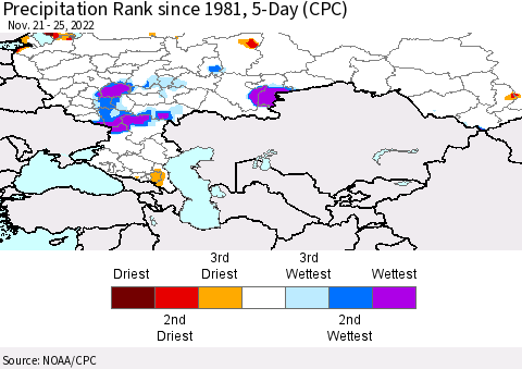 Russian Federation Precipitation Rank since 1981, 5-Day (CPC) Thematic Map For 11/21/2022 - 11/25/2022