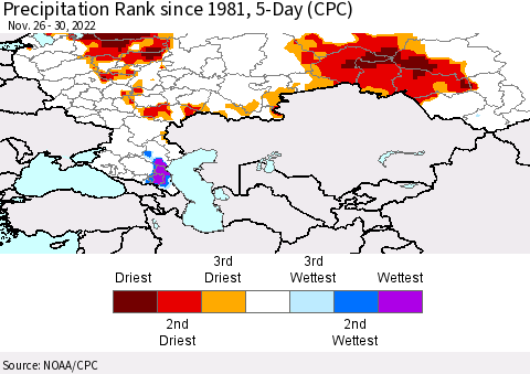 Russian Federation Precipitation Rank since 1981, 5-Day (CPC) Thematic Map For 11/26/2022 - 11/30/2022