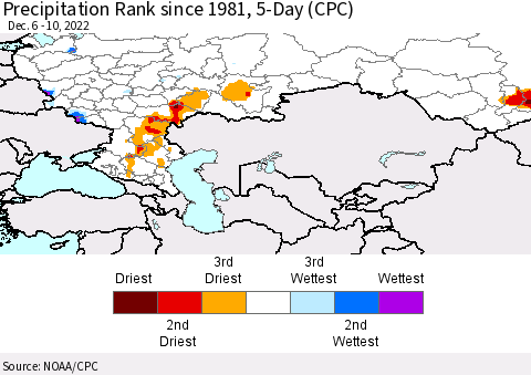 Russian Federation Precipitation Rank since 1981, 5-Day (CPC) Thematic Map For 12/6/2022 - 12/10/2022