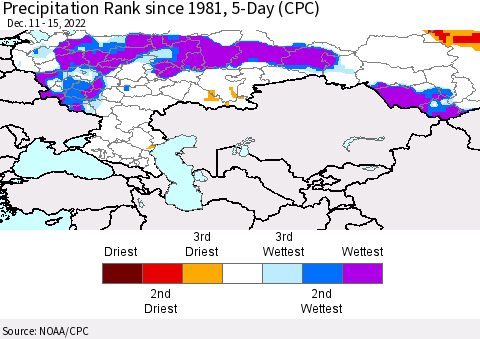 Russian Federation Precipitation Rank since 1981, 5-Day (CPC) Thematic Map For 12/11/2022 - 12/15/2022
