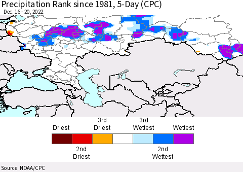 Russian Federation Precipitation Rank since 1981, 5-Day (CPC) Thematic Map For 12/16/2022 - 12/20/2022