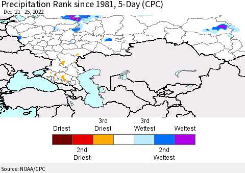 Russian Federation Precipitation Rank since 1981, 5-Day (CPC) Thematic Map For 12/21/2022 - 12/25/2022