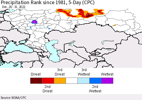 Russian Federation Precipitation Rank since 1981, 5-Day (CPC) Thematic Map For 12/26/2022 - 12/31/2022