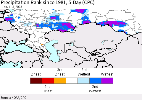 Russian Federation Precipitation Rank since 1981, 5-Day (CPC) Thematic Map For 1/1/2023 - 1/5/2023