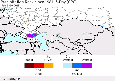Russian Federation Precipitation Rank since 1981, 5-Day (CPC) Thematic Map For 2/6/2023 - 2/10/2023