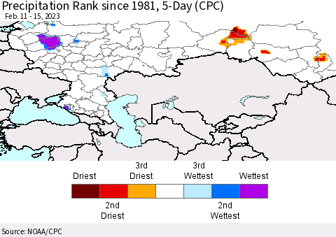 Russian Federation Precipitation Rank since 1981, 5-Day (CPC) Thematic Map For 2/11/2023 - 2/15/2023