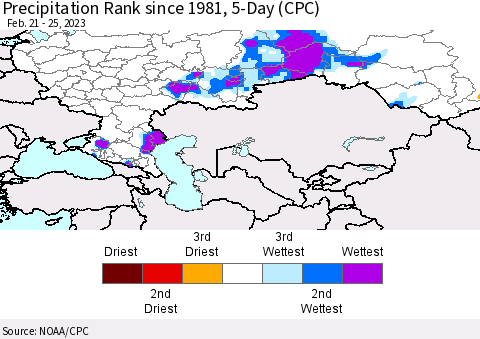 Russian Federation Precipitation Rank since 1981, 5-Day (CPC) Thematic Map For 2/21/2023 - 2/25/2023