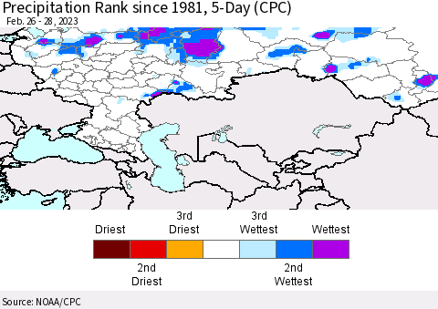 Russian Federation Precipitation Rank since 1981, 5-Day (CPC) Thematic Map For 2/26/2023 - 2/28/2023