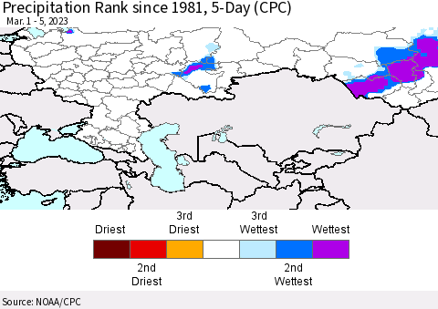 Russian Federation Precipitation Rank since 1981, 5-Day (CPC) Thematic Map For 3/1/2023 - 3/5/2023