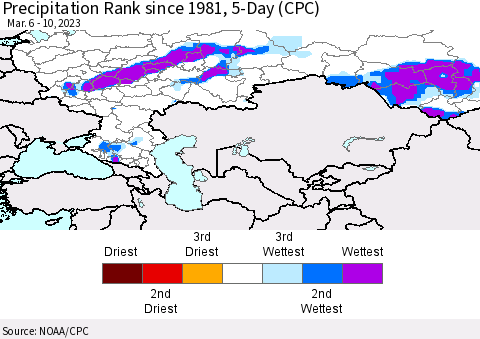 Russian Federation Precipitation Rank since 1981, 5-Day (CPC) Thematic Map For 3/6/2023 - 3/10/2023