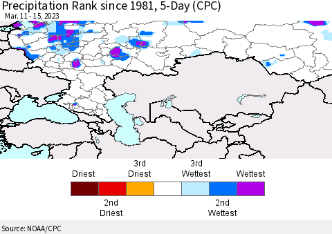 Russian Federation Precipitation Rank since 1981, 5-Day (CPC) Thematic Map For 3/11/2023 - 3/15/2023