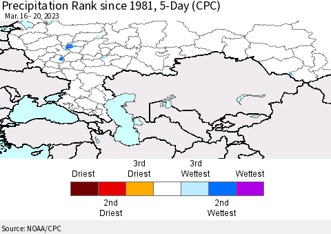 Russian Federation Precipitation Rank since 1981, 5-Day (CPC) Thematic Map For 3/16/2023 - 3/20/2023