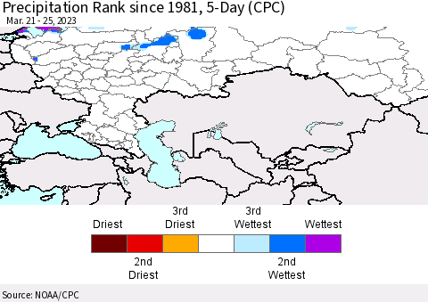 Russian Federation Precipitation Rank since 1981, 5-Day (CPC) Thematic Map For 3/21/2023 - 3/25/2023