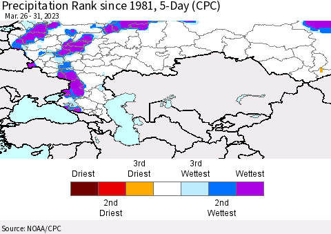 Russian Federation Precipitation Rank since 1981, 5-Day (CPC) Thematic Map For 3/26/2023 - 3/31/2023