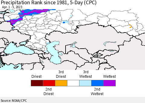 Russian Federation Precipitation Rank since 1981, 5-Day (CPC) Thematic Map For 4/1/2023 - 4/5/2023