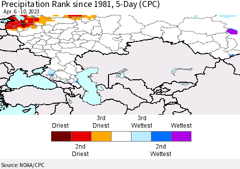 Russian Federation Precipitation Rank since 1981, 5-Day (CPC) Thematic Map For 4/6/2023 - 4/10/2023