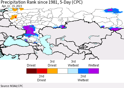 Russian Federation Precipitation Rank since 1981, 5-Day (CPC) Thematic Map For 4/11/2023 - 4/15/2023