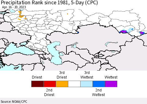 Russian Federation Precipitation Rank since 1981, 5-Day (CPC) Thematic Map For 4/16/2023 - 4/20/2023